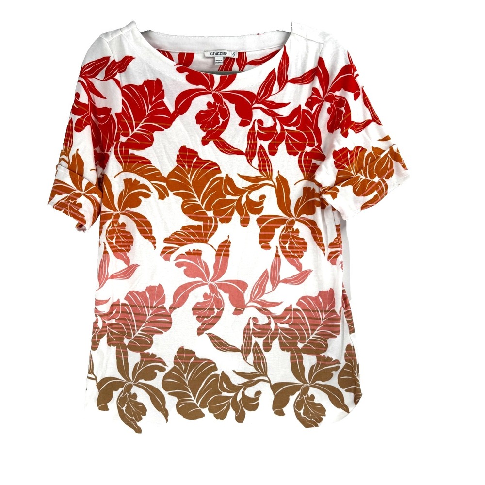 CHICO'S Floral Shirt Women's Large Orange Resort Hawaiian Summer Pima Cotton